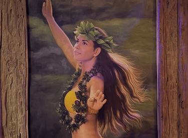 Framed oil painting of a traditional Hawaiian hula dancer wearing a leaf lei and yellow haku.