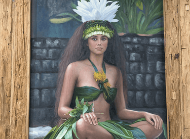 Oil painting of a Polynesian woman in traditional leaf dress and white feather headdress.