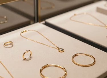 Display of elegant jewelry pieces arranged on a black velvet surface with soft lighting.