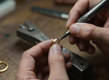Close-up of a skilled jeweler crafting a delicate gold ring in a workshop.