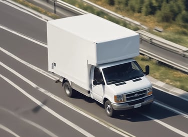 A bright delivery truck adorned with blue and orange branding driving through a scenic cityscape.
