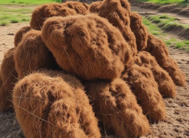 Natural coconut coir fibers bundled neatly with a soft, earthy background.