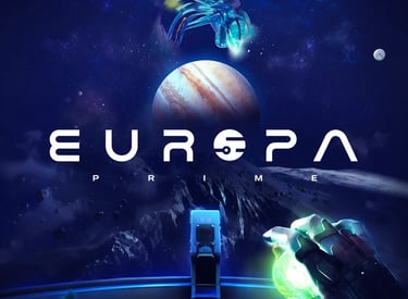 Europa Prime sci-fi video game poster featuring a futuristic pilot hand and Jupiter landscape.