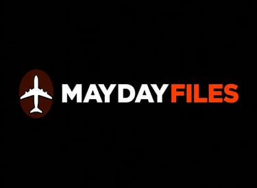 Mayday Files aviation logo featuring a white airplane icon and bold typography on a black background.