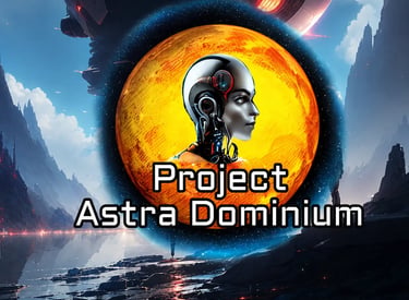 Project Astra Dominium logo featuring a female cyborg over an orange planet in a futuristic sci-fi landscape.