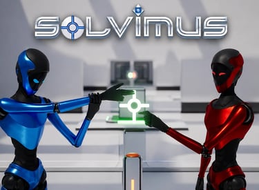 Blue and red Solvimus robots collaborating in a futuristic digital lab setting.