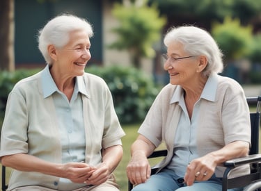 Elderly person smiling warmly while being gently assisted by a caregiver in a cozy home setting
