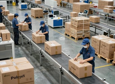 Close-up of hands inspecting product quality on a factory floor.