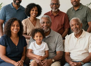 Family reunion with multiple generations sharing laughter and music.
