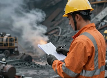 Technician inspecting industrial safety equipment in a mining site.