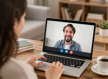A cozy home office setup with a laptop ready for an online session