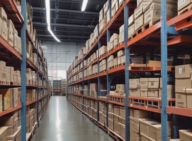 A busy warehouse with neatly stacked textile and electronics boxes ready for shipment.