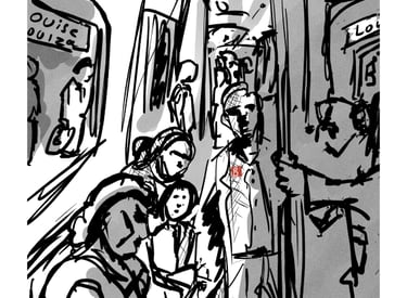 Handsigned and numbered collector-item print of a digital drawing of a family in a Brussels metro