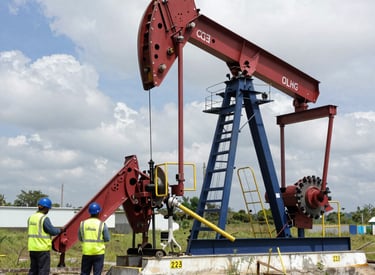 Engineers collaborating over blueprints at an oil refinery site during sunset.