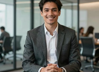 A smiling candidate in professional North American business attire sitting confidently in a modern glass-walled office, appearing hopeful and prepared for an interview.
