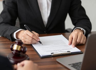 Professional lawyer discussing legal matters in a modern, bright office with calm blue and gold accents.