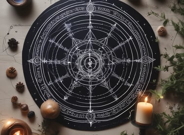 A moody celestial map with gold constellations on a black background, accented by red and purple gemstones.