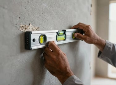 Close-up of a worker's hands in a Middle Eastern interior setting using a spirit level on a newly constructed wall, soft natural lighting, slate gray tones.