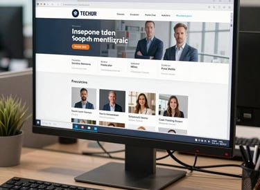 A crisp photograph of a professional workstation in a North American corporate setting, featuring a high-resolution monitor displaying a professional social media profile, with a focus on clean design and professional branding elements.