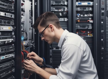 A technician assisting a small business office with computer setup and troubleshooting.