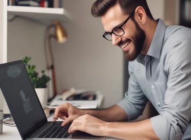A friendly IT expert helping a homeowner fix a laptop in a cozy living room.