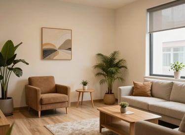 A warm, inviting therapy office with cozy seating and soft lighting.