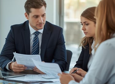 man presenting paperwork to women
