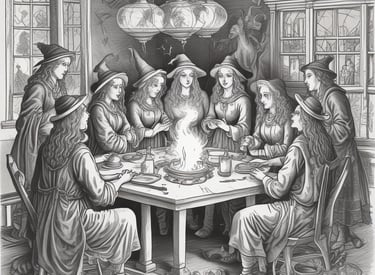 A circle of diverse people sharing stories under a yellow-hued mystical sky.