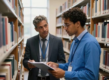 Two focused academics from different backgrounds discussing a project in a library with floor-to-ceiling bookshelves in a North American / International campus setting. Soft natural morning light, professional attire, with accents of bright blue.
