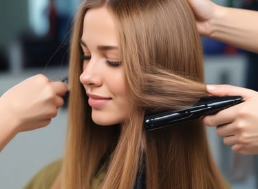 Shiny, smooth hair flowing down shoulders in a bright salon setting.