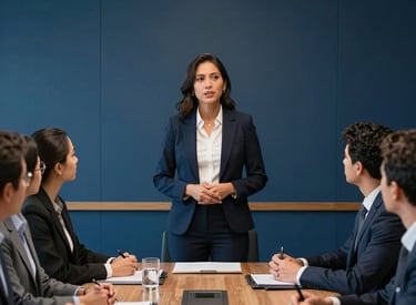 A confident Latin American business leader standing in a sleek corporate boardroom with dark blue walls, speaking to an attentive team. Sharp lighting, professional setting.