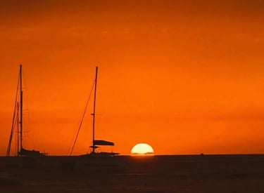 A vibrant orange sunset over the ocean horizon with silhouettes of sailing yachts on the water.