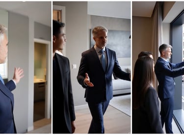 a man in a suit and tie is standing in front of a window