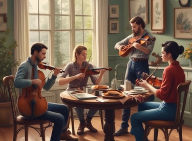 Musicians playing fiddles and flutes around a cozy pub table, immersed in Celtic tunes.