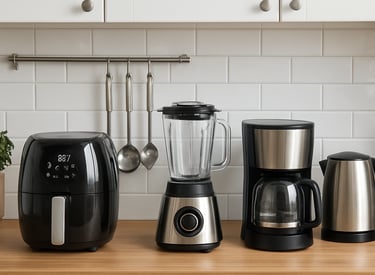 Close-up of a colorful, stylish blender mixing fresh fruits in a sunny kitchen.