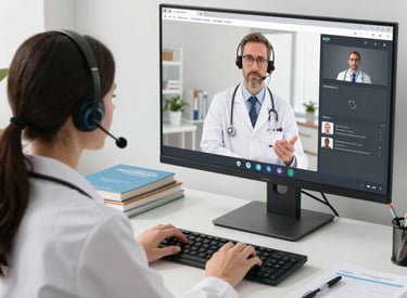 A focused virtual assistant attending an online training session, surrounded by notes and a laptop.