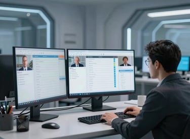 A healthcare professional setting up telehealth software on a laptop in a cozy office.
