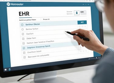 A healthcare professional setting up telehealth software on a laptop in a cozy office.