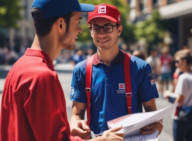 A team organizing flyers in red, black, and white colors for delivery.