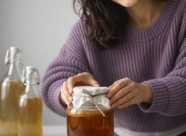 Una mujer sonriente abriendo un frasco de vidrio con kombucha casera y un SCOBY .