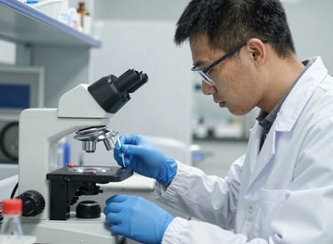 Laboratory technician analyzing samples under accelerated testing conditions with modern equipment.
