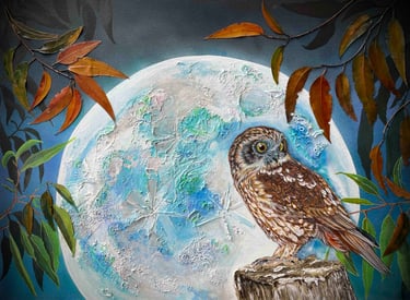A painting of a Boobook Owl in front of a moon.