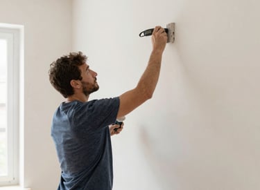 Painter carefully applying white paint to an apartment wall in a bright living room.