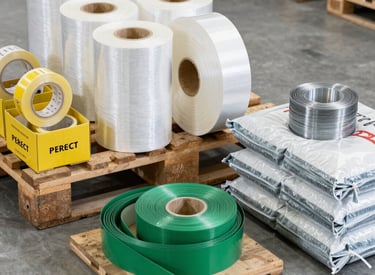 Industrial packaging line with stretch film and adhesive tapes in use