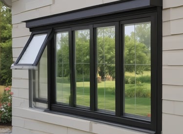A modern sliding window partially open, showing a sleek frame and outdoor patio.