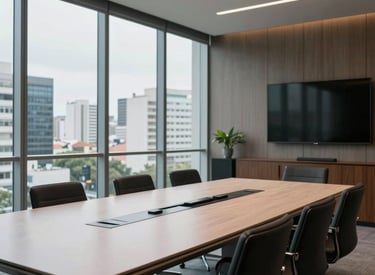 Modern executive boardroom in Santos, Brazil, with large glass windows showing a hint of the urban cityscape, a clean minimalist conference table, professional South American corporate setting.