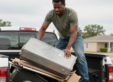 A friendly junk removal professional loading furniture from a residential curbside.