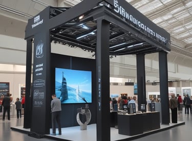 A modern, eye-catching exhibition stand with dynamic lighting and clean design.