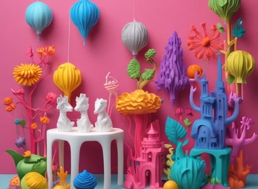 Decorative 3D printed home pieces arranged in a cozy living room.