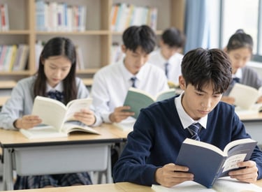 A focused student studying at a desk with a navy blue background and subtle yellow highlights.